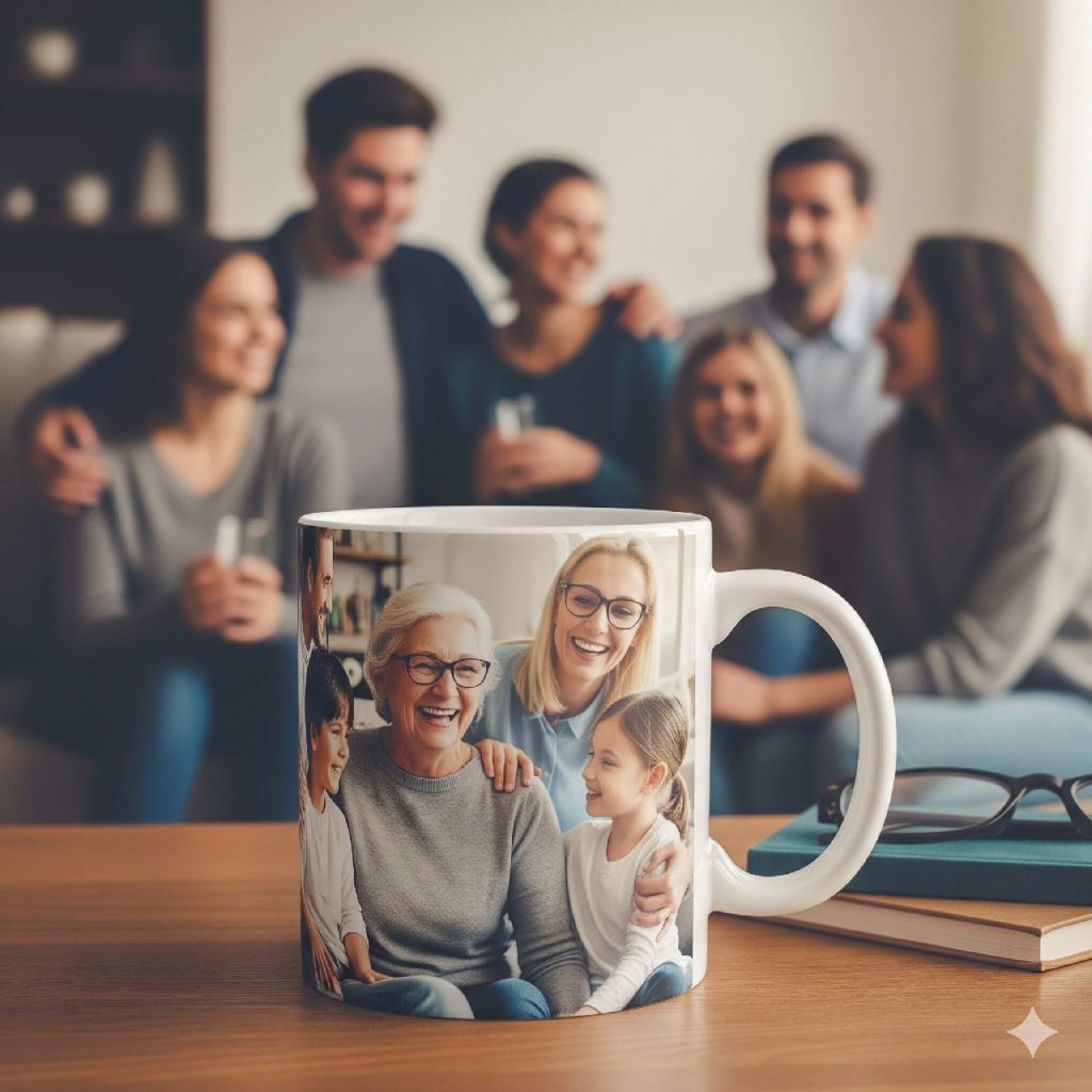 persoonlijke foto familiebijeenkomst afgebeeld op een koffiemok
