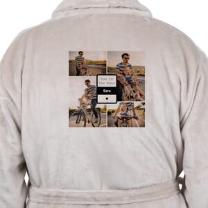 Badjas zandkleur met print achterzijde S/M