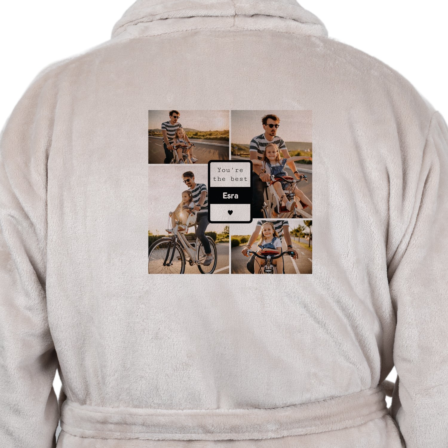 Badjas zandkleur met print achterzijde S/M 1 Badjas zandkleur met print achterzijde S/M