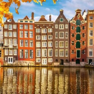 Fotobehang - Houses in Amsterdam 225x250cm - Vliesbehang