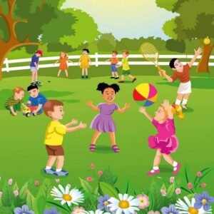 Fotobehang - Kids in Garden 225x250cm - Vliesbehang