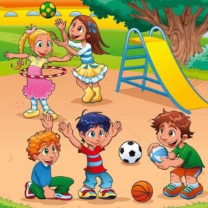 Fotobehang - Kids in Playground 225x250cm - Vliesbehang