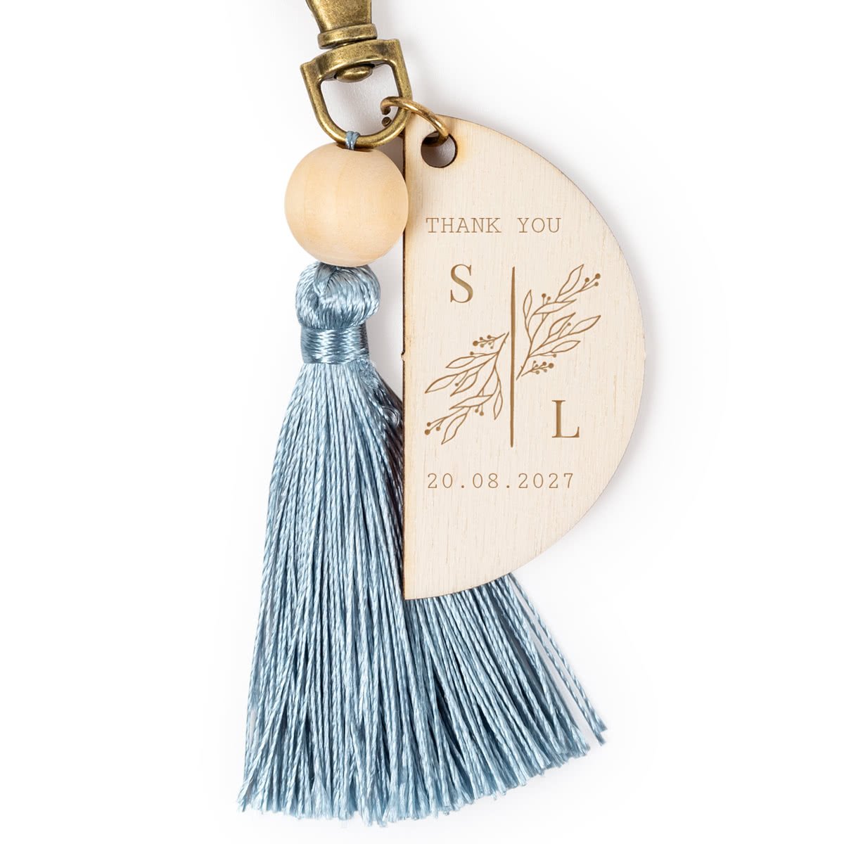 Sleutelhanger gegraveerd met zilverblauw kwastje - set van 6 1 Sleutelhanger gegraveerd met zilverblauw kwastje - set van 6