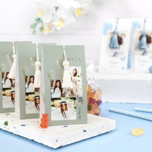 Snoepzakje met fotoverpakking en zilverblauw kwastje - Set van 12