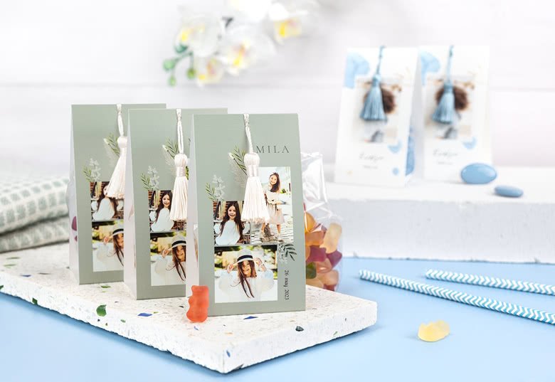 Snoepzakje met fotoverpakking en zilverblauw kwastje - Set van 12 1 Snoepzakje met fotoverpakking en zilverblauw kwastje - Set van 12